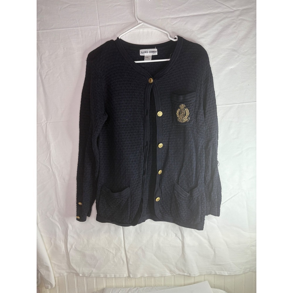 Alfred Dunner Womens Textured Knit Cardigan Gold Crest Embellishment Size S